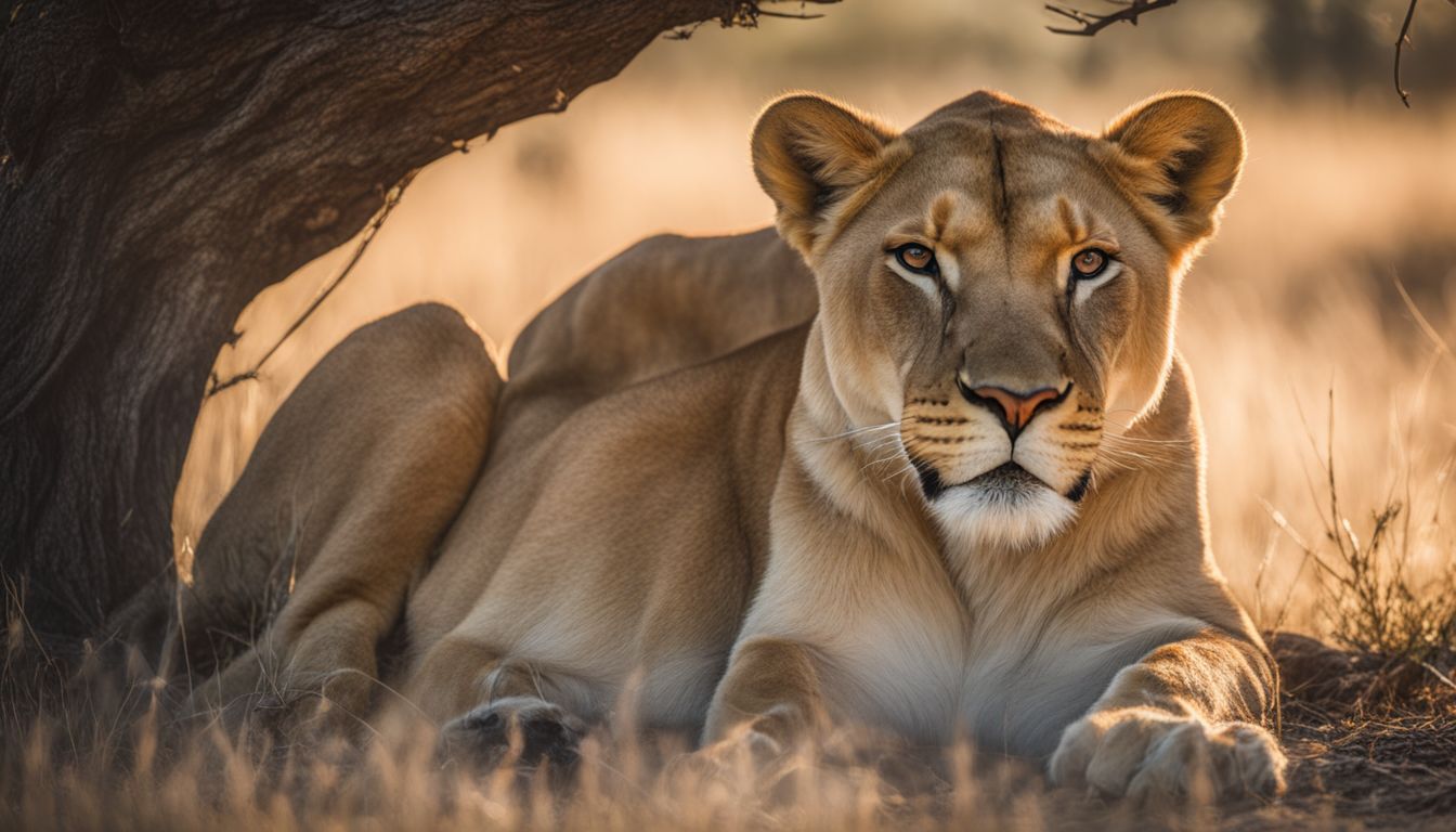 A stunning photograph of a lioness resting under a tree in the savannah.