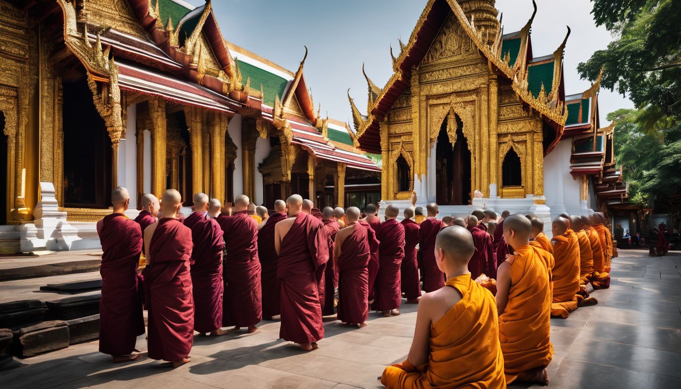 A group of Buddhist monks gather to pray at Wat Phra Kaew temple in a bustling atmosphere.