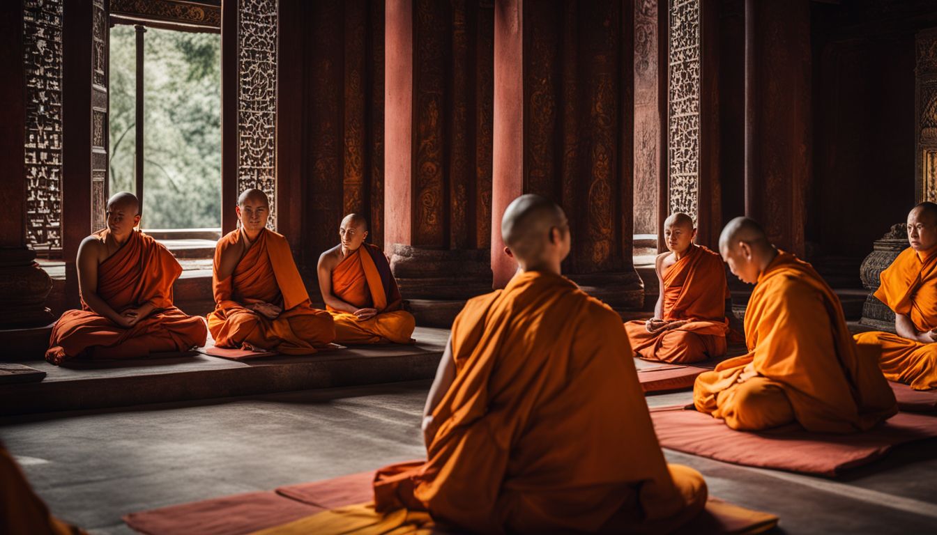 A photograph capturing Buddhist monks meditating in an ancient temple.