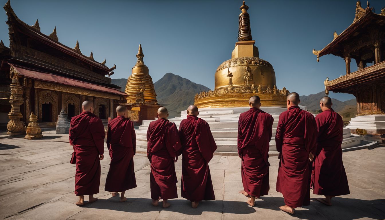 A group of monks posing in front of an ornate stupa in a bustling environment.