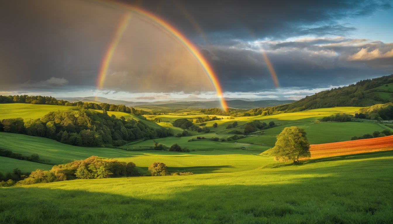 A picturesque landscape with diverse people and vibrant rainbow.