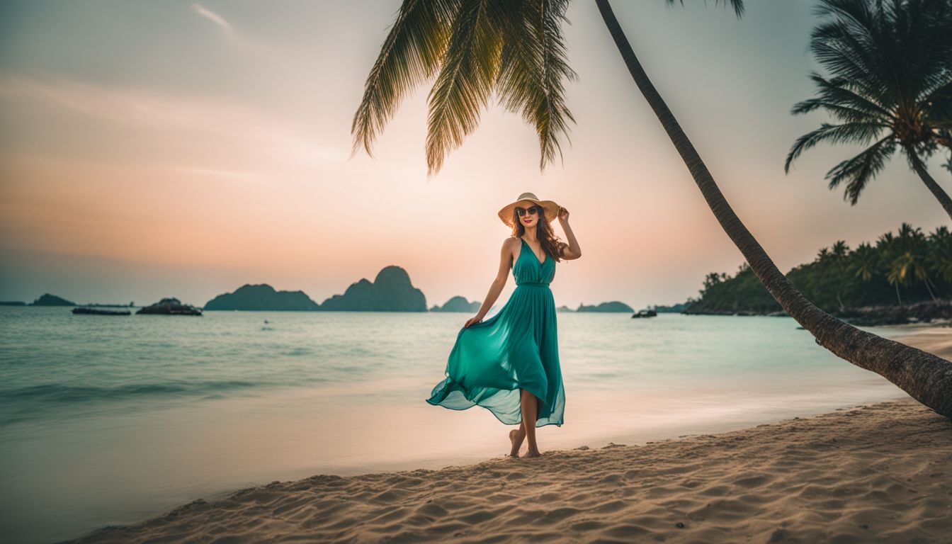 A woman enjoying a picturesque Thai beach scene with palm trees and turquoise water in the background.