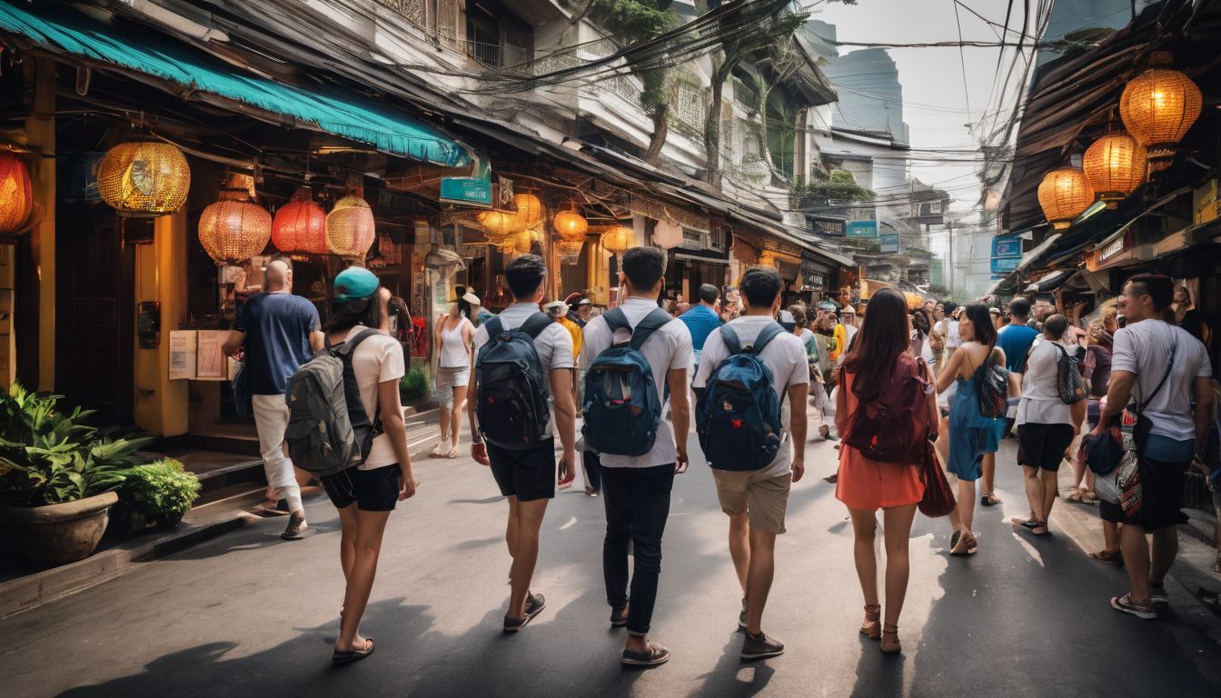 A diverse group of tourists explores the bustling streets of Bangkok in a well-lit and vibrant atmosphere.