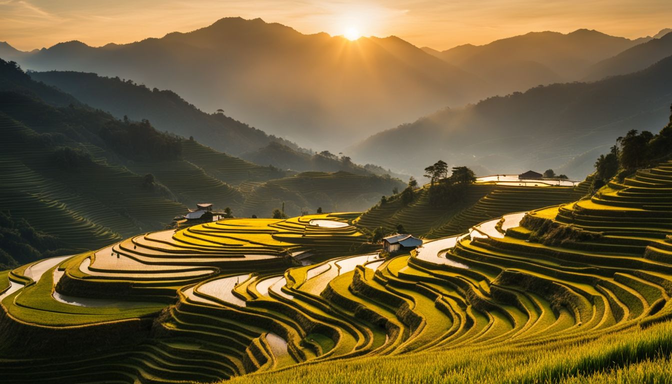 A breathtaking photo of rice terraces at sunrise in Sapa, showcasing the diversity of people and their surroundings.