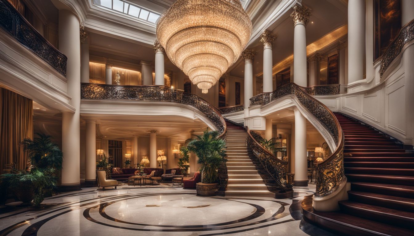 A luxurious hotel lobby with elegant furnishings and a bustling atmosphere captured in a high-resolution photograph.