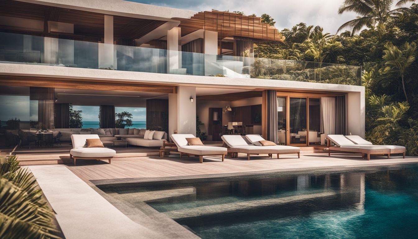 A luxurious beach villa with a private infinity pool overlooking clear waters, featuring diverse individuals in various outfits.