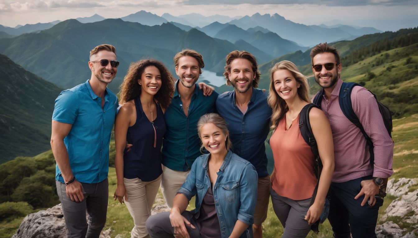 A diverse group of travelers smiling and enjoying a scenic view.