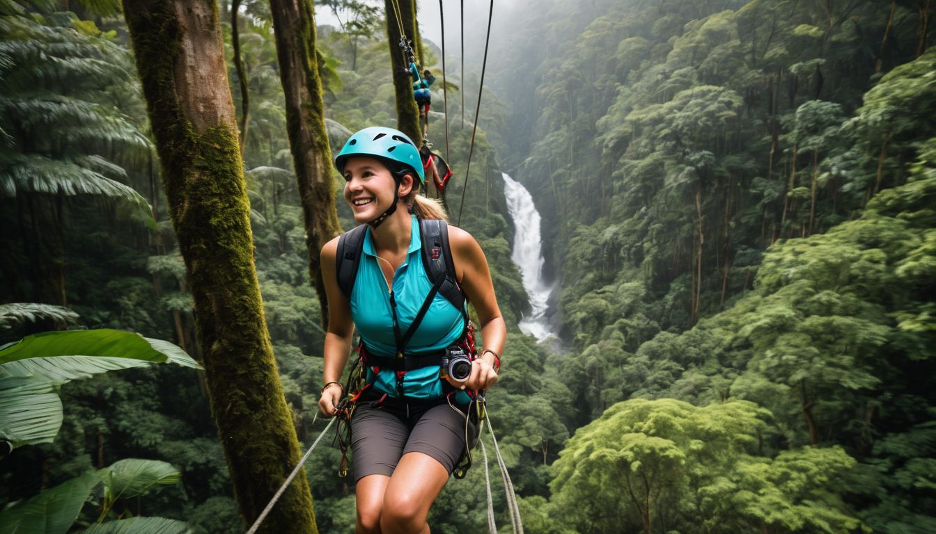 A person zip-lining through the rainforest captures the exhilarating adventure in nature photography.
