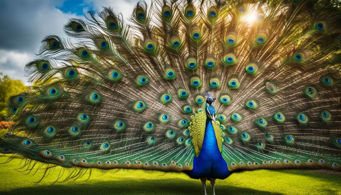 A stunning peacock showcasing its vibrant feathers in a botanical garden, captured with high-quality photography gear.