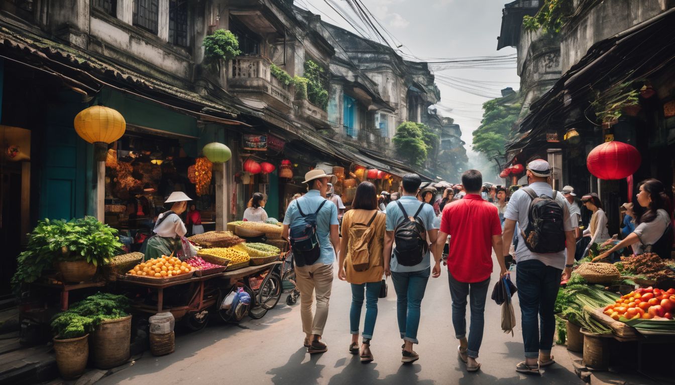 A diverse group of travelers exploring the vibrant streets of Hanoi.