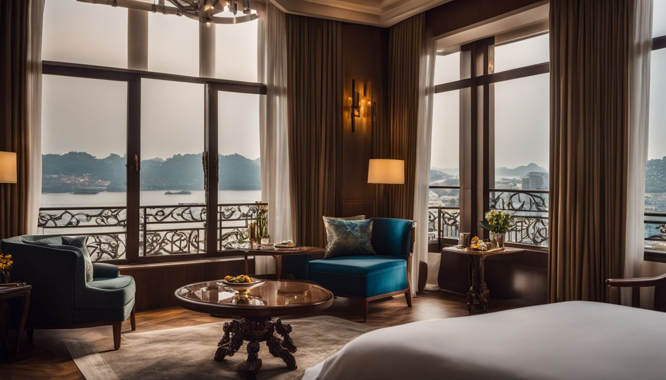 A beautifully decorated hotel suite with a stunning view of Hanoi's Old Quarter, showcasing a variety of people and their different outfits.