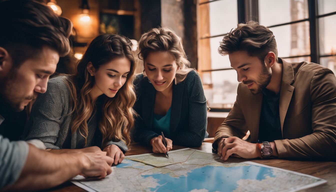 A diverse group of travelers gather around a map, planning their accommodations in a bustling city.