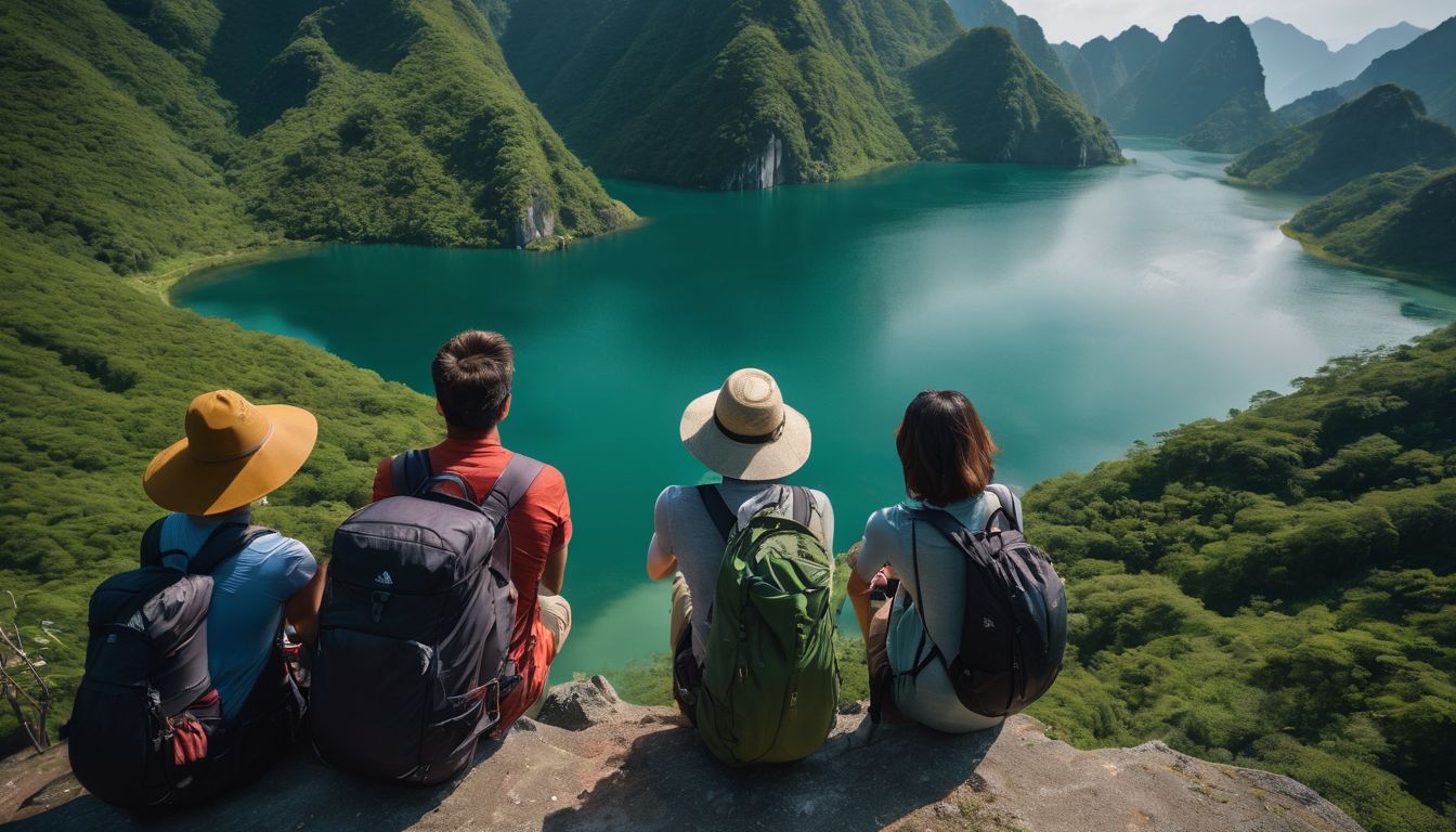 A diverse group of hikers enjoying a scenic overlook at a Vietnamese lake.