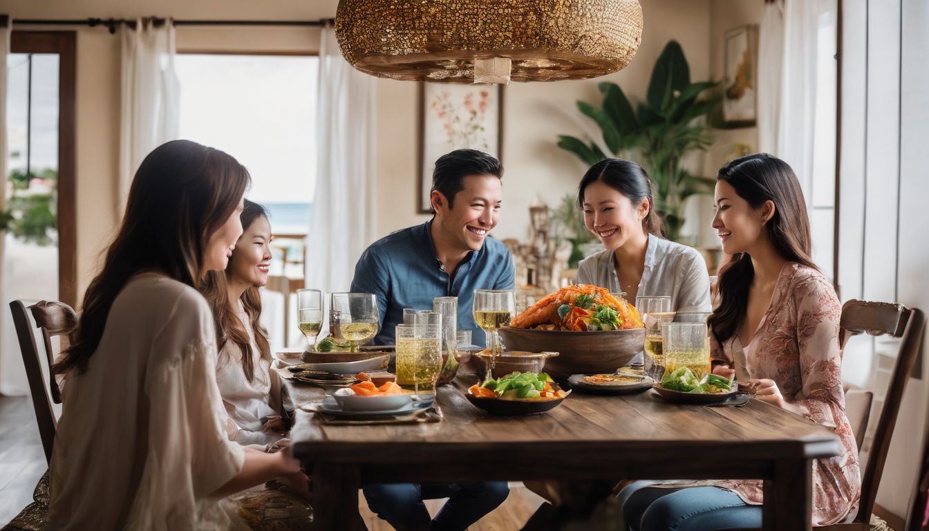 A family gathers around a beautifully decorated dining table in a Vietnamese-style house for a festive meal.