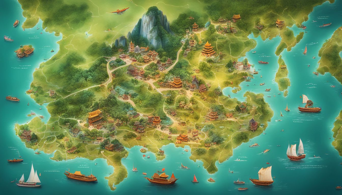 A colorful map of Vietnam showcasing its landmarks and attractions with diverse faces and hair styles.