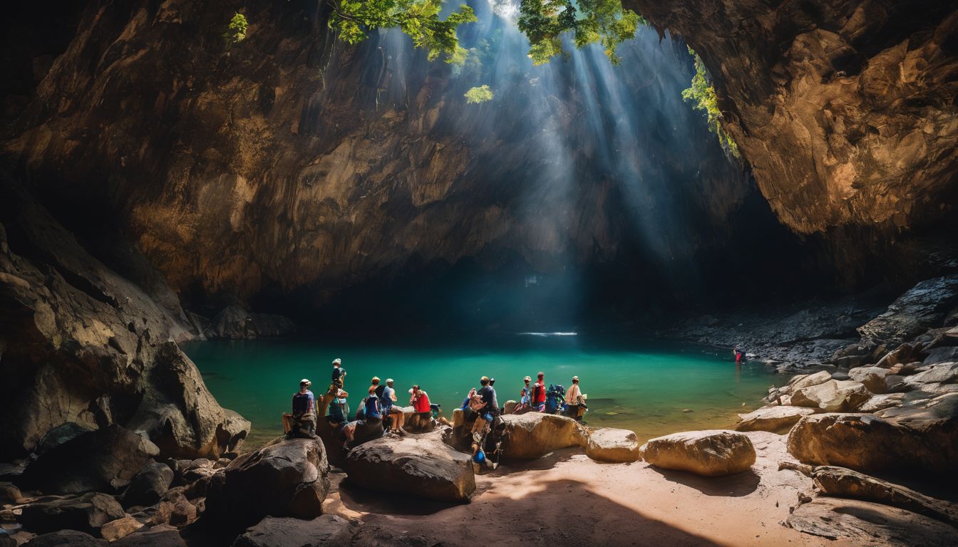A group of tourists explore the entrance of Am Phu Cave, captivated by its majestic and mysterious surroundings.