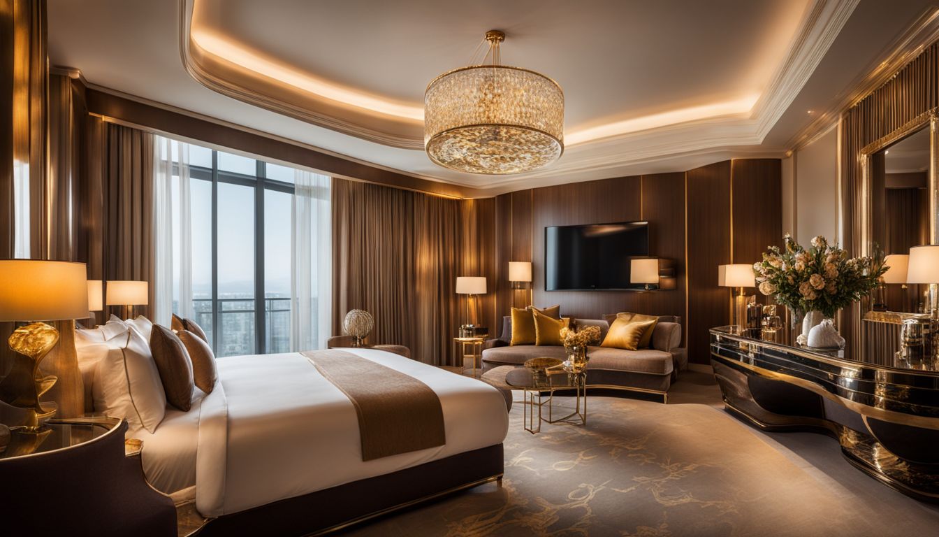 A luxurious hotel room with modern furnishings and an elegant 24-karat gold design.