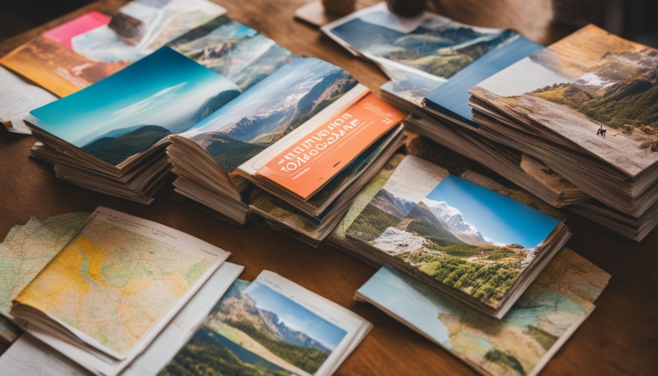 A variety of travel brochures and maps are scattered on a wooden table.