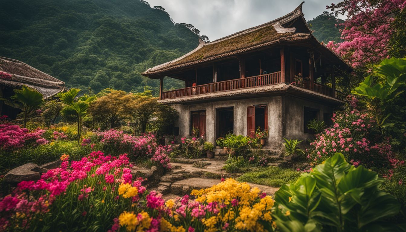 A photo of a traditional Vietnamese house surrounded by vibrant blooming flowers and a bustling atmosphere.