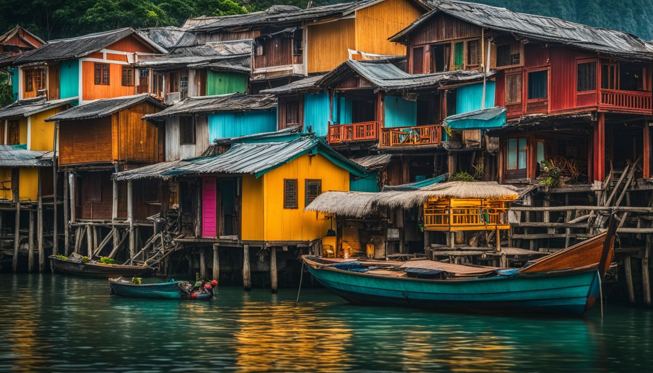 A vibrant village of colorful wooden houses surrounded by the breathtaking beauty of Halong Bay.
