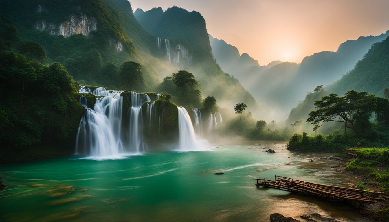 A stunning photograph of Ban Gioc Waterfall at sunrise, surrounded by lush green mountains and mist.