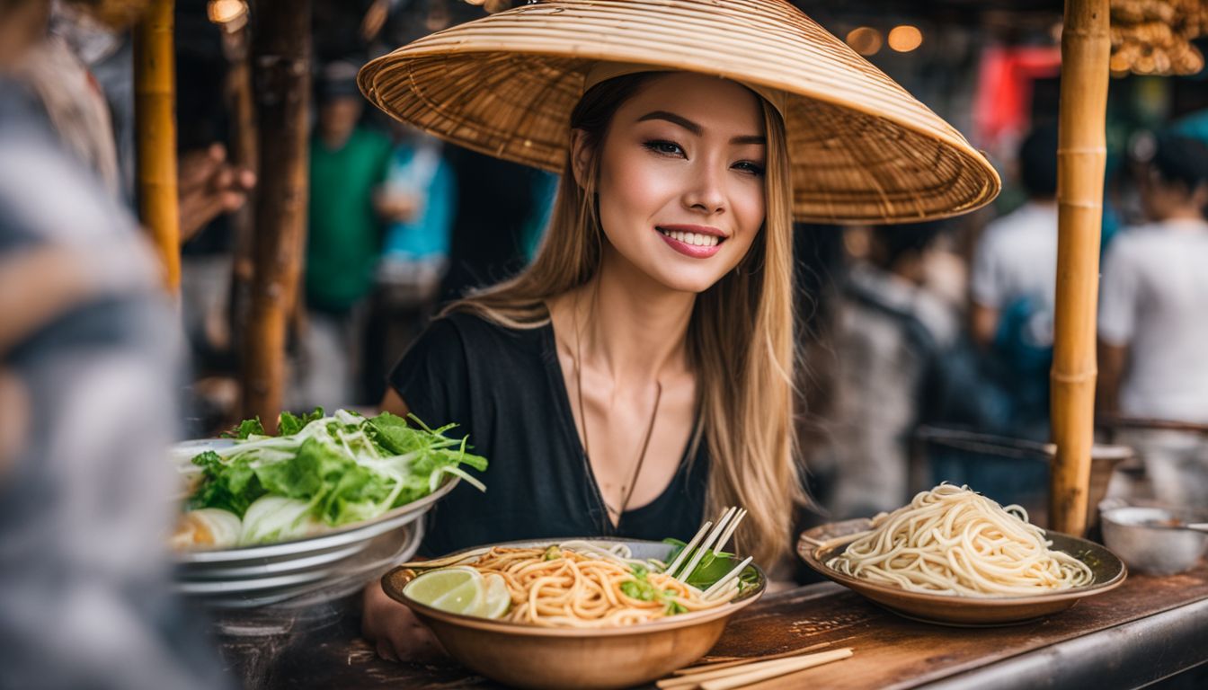 A street food cart serves pho noodles with a bamboo hat on display, capturing diverse faces and bustling cityscape.