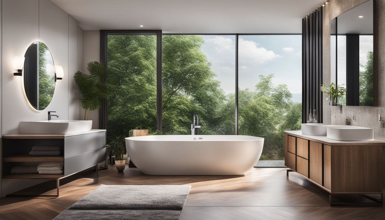 A modern, luxurious bathroom with elegant decor and a beautiful bathtub, captured in a crisp and detailed photograph.
