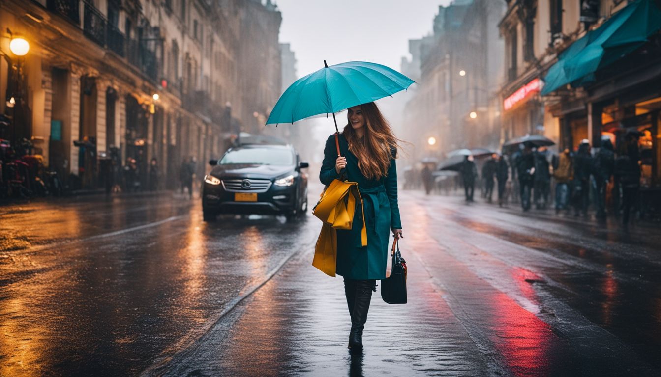 A woman walking with a colorful umbrella in a rainy city street.