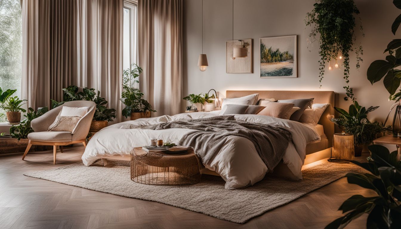 A beautifully decorated bedroom featuring a neat bed, plants, and a cozy atmosphere.