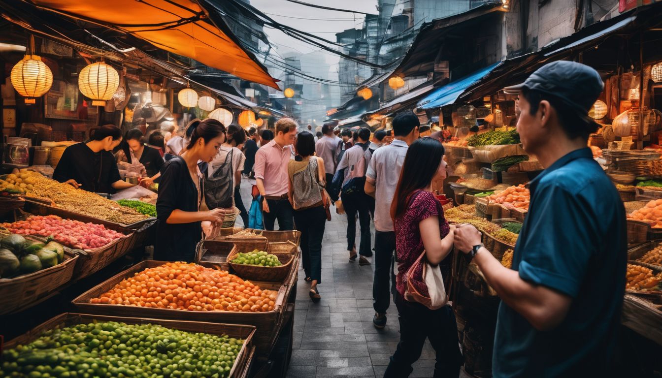 A diverse group of travelers explore a bustling Vietnamese market in a well-lit and vibrant atmosphere.