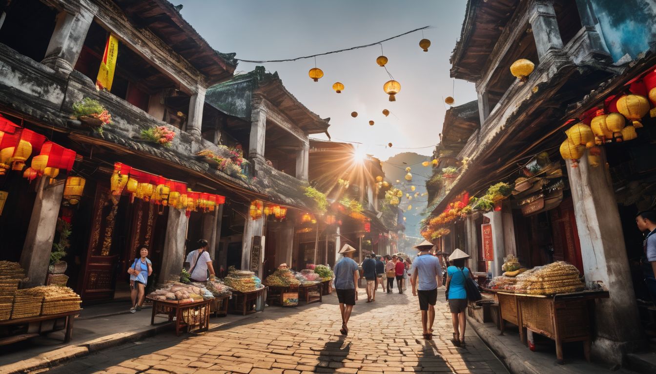 A diverse group of tourists explore busy markets and temples in Vietnam.
