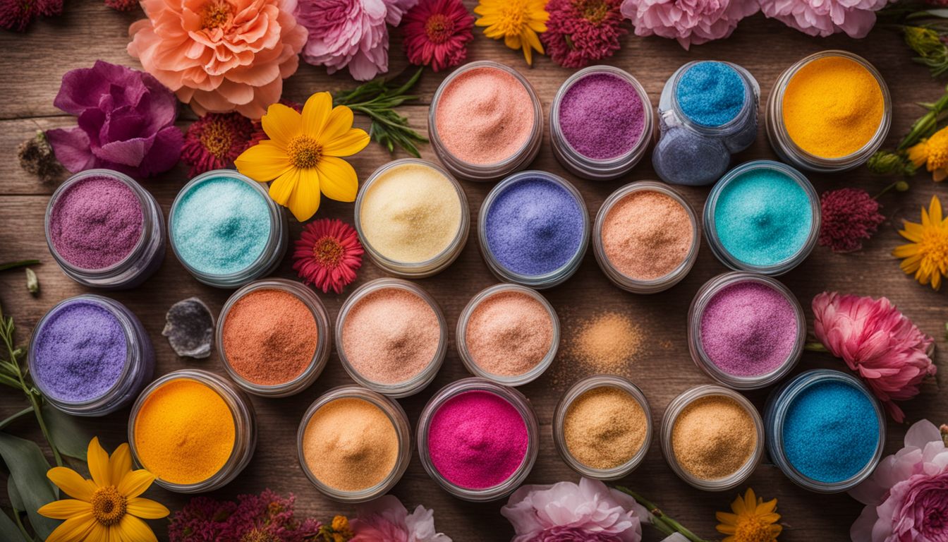 A collection of colorful exfoliating scrubs displayed with fresh flowers.