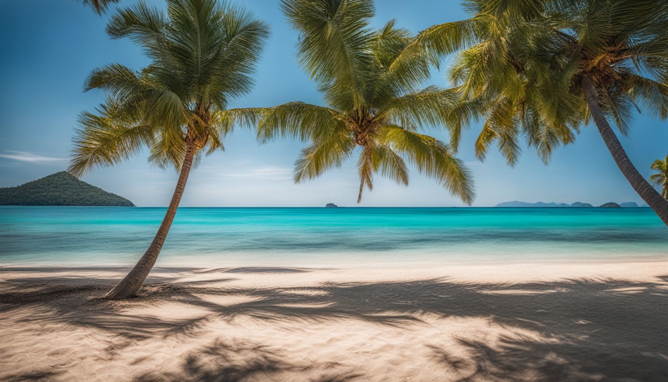 A tropical beach scene with palm trees and clear blue water.