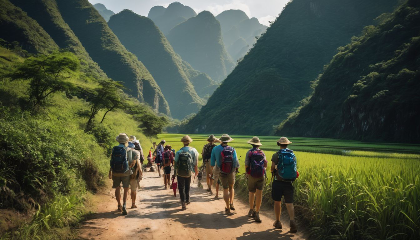 A group of tourists explore the beautiful landscapes of Vietnam during the dry season.