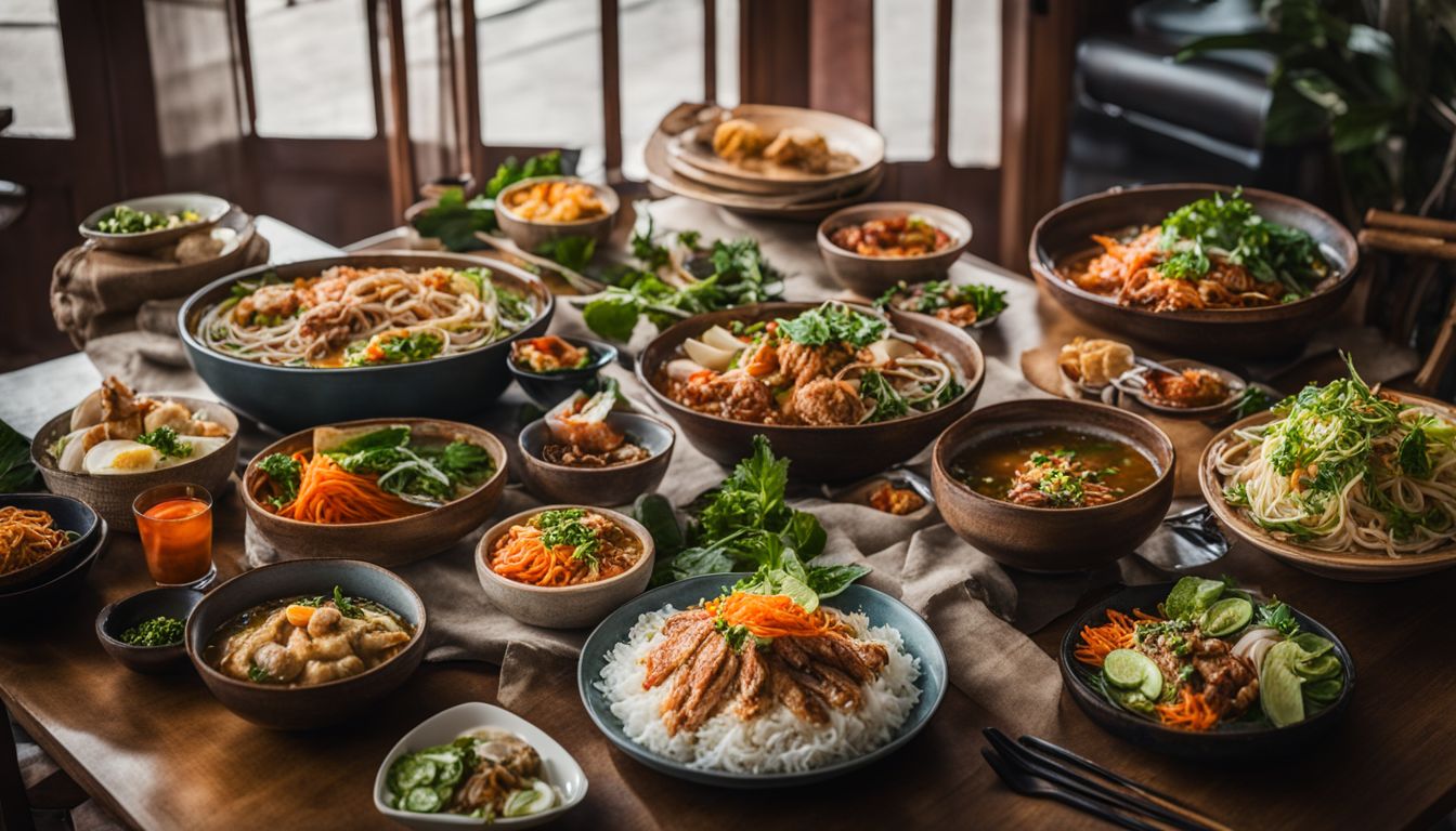 A vibrant Vietnamese feast showcased on an elaborate table, featuring diverse individuals and captured with high-quality photography equipment.