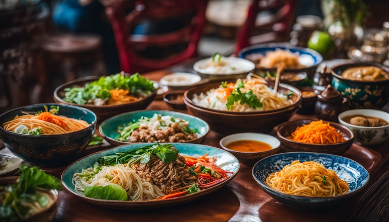 A photo showcasing a colorful plate of traditional Vietnamese dishes surrounded by cultural decorations and a diverse group of people.