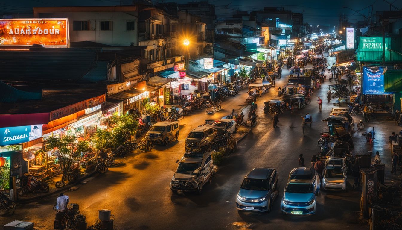 A vibrant photo capturing the bustling streets of Bien Hoa at night, showcasing the diversity of the city.