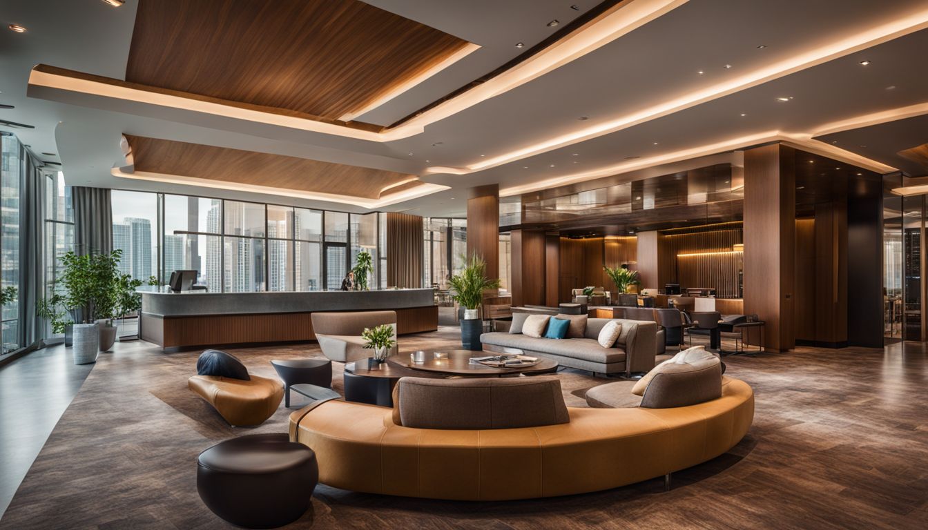 A modern hotel lobby with a reception desk, comfortable seating area, and a bustling atmosphere.