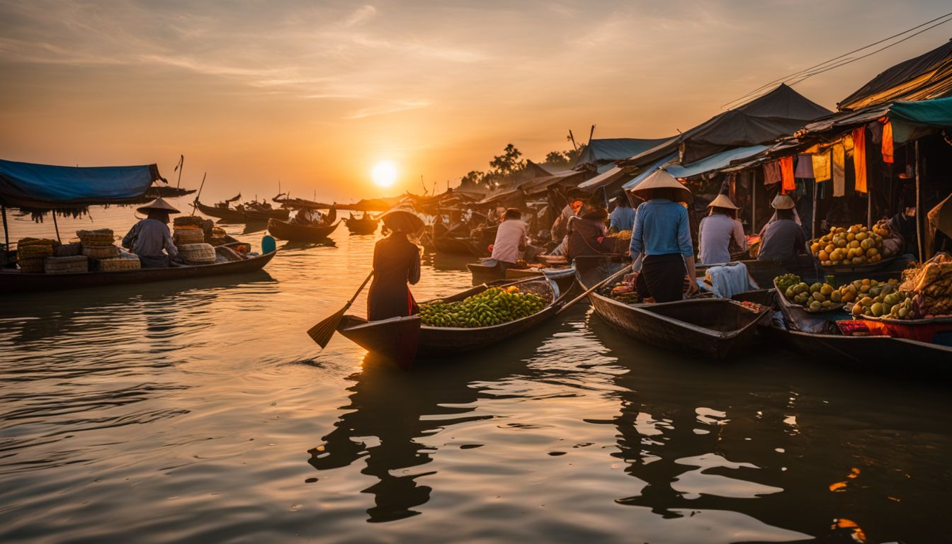 A vibrant photo of a traditional floating market in Can Tho at sunrise captures the bustling activity and colorful scenes.