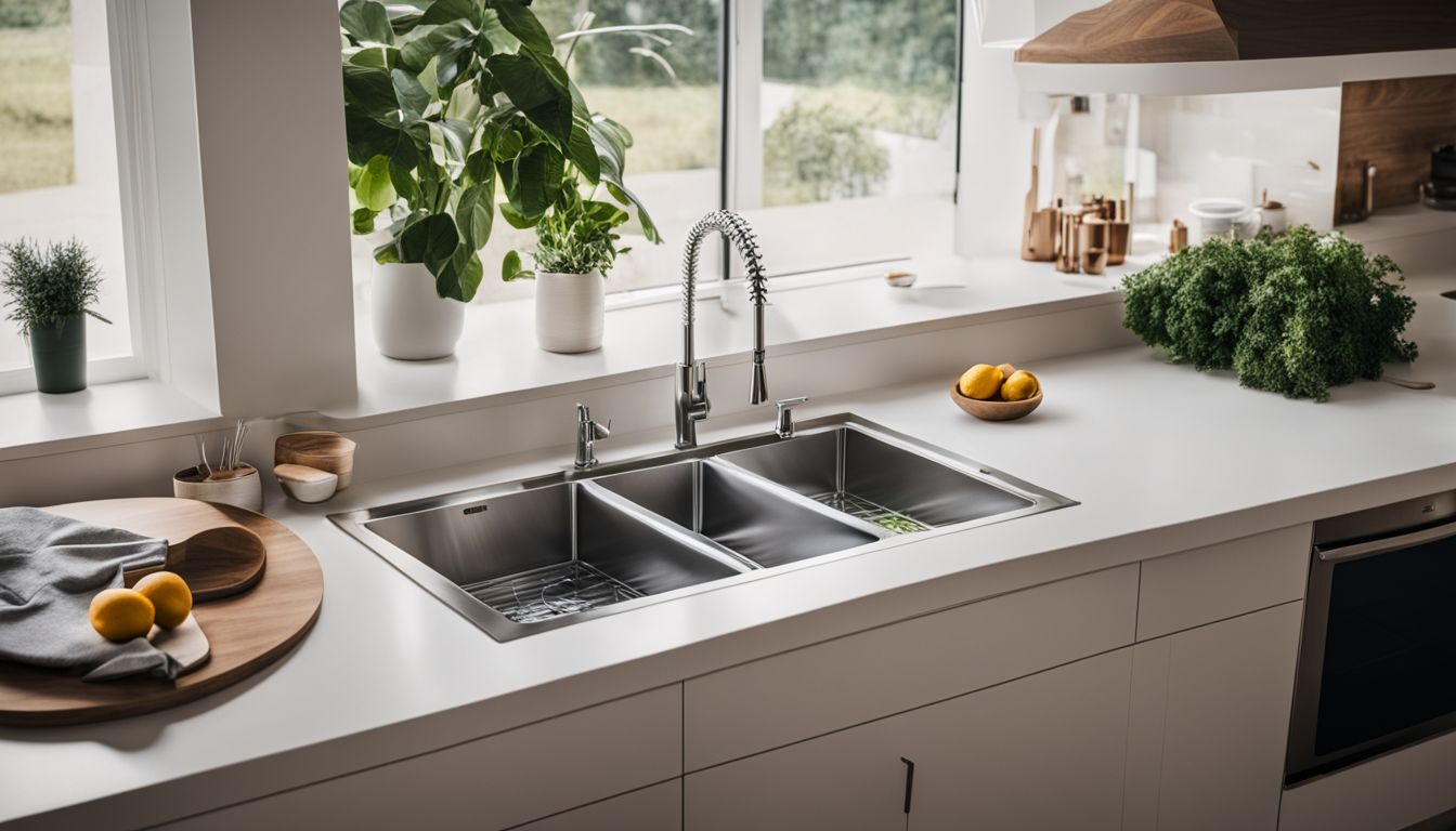 A modern kitchen sink in a clean, organized environment.