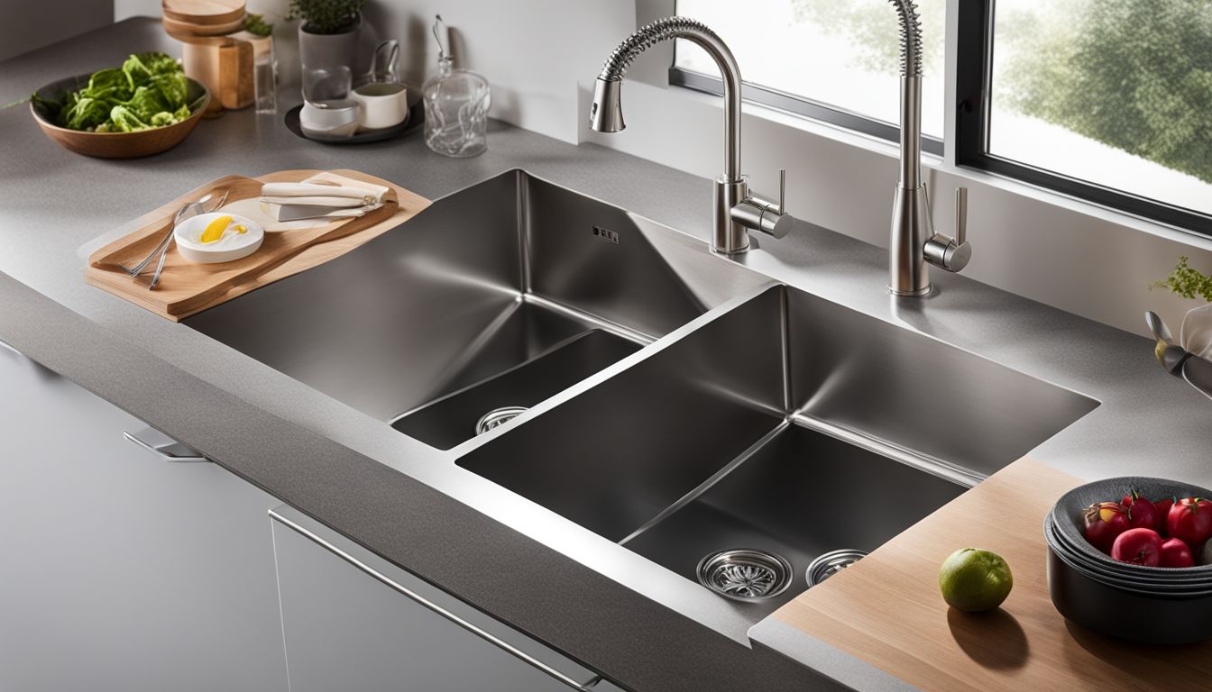 A modern stainless steel kitchen sink in a sleek minimalist countertop.