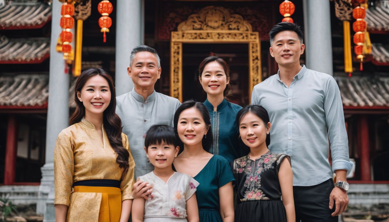 A Vietnamese family posing in front of a traditional temple in a bustling city setting.
