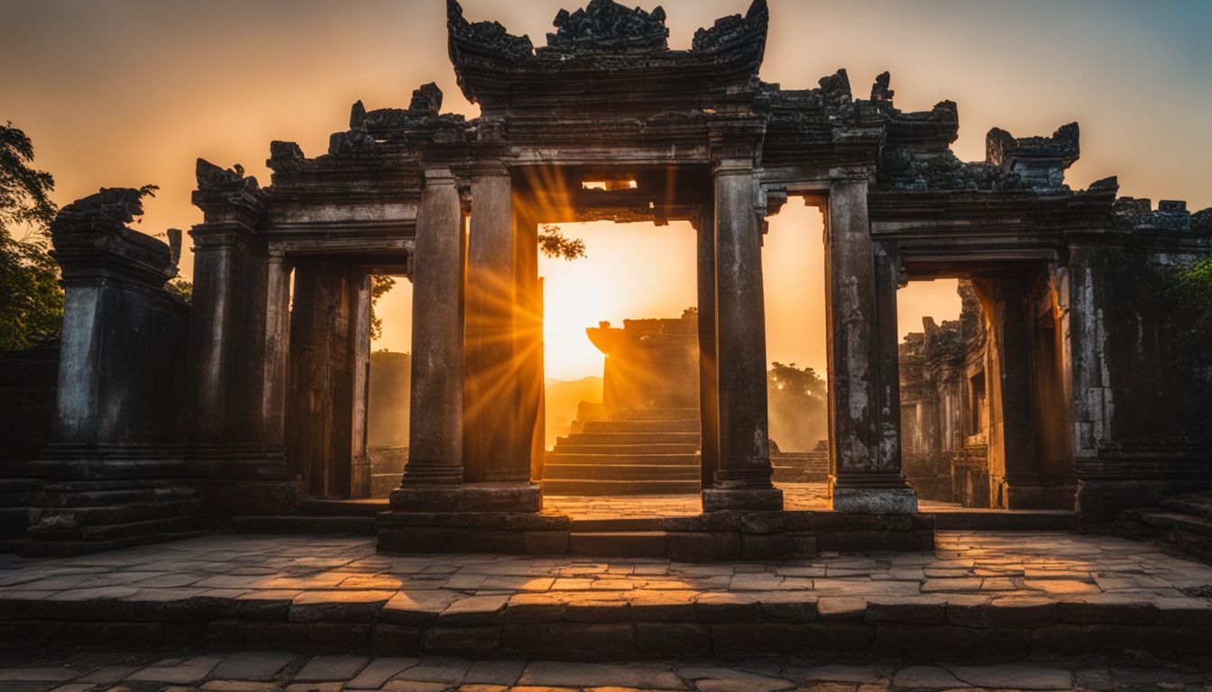 A vibrant, scenic sunrise illuminates the ancient ruins of Hoi An in a bustling atmosphere.