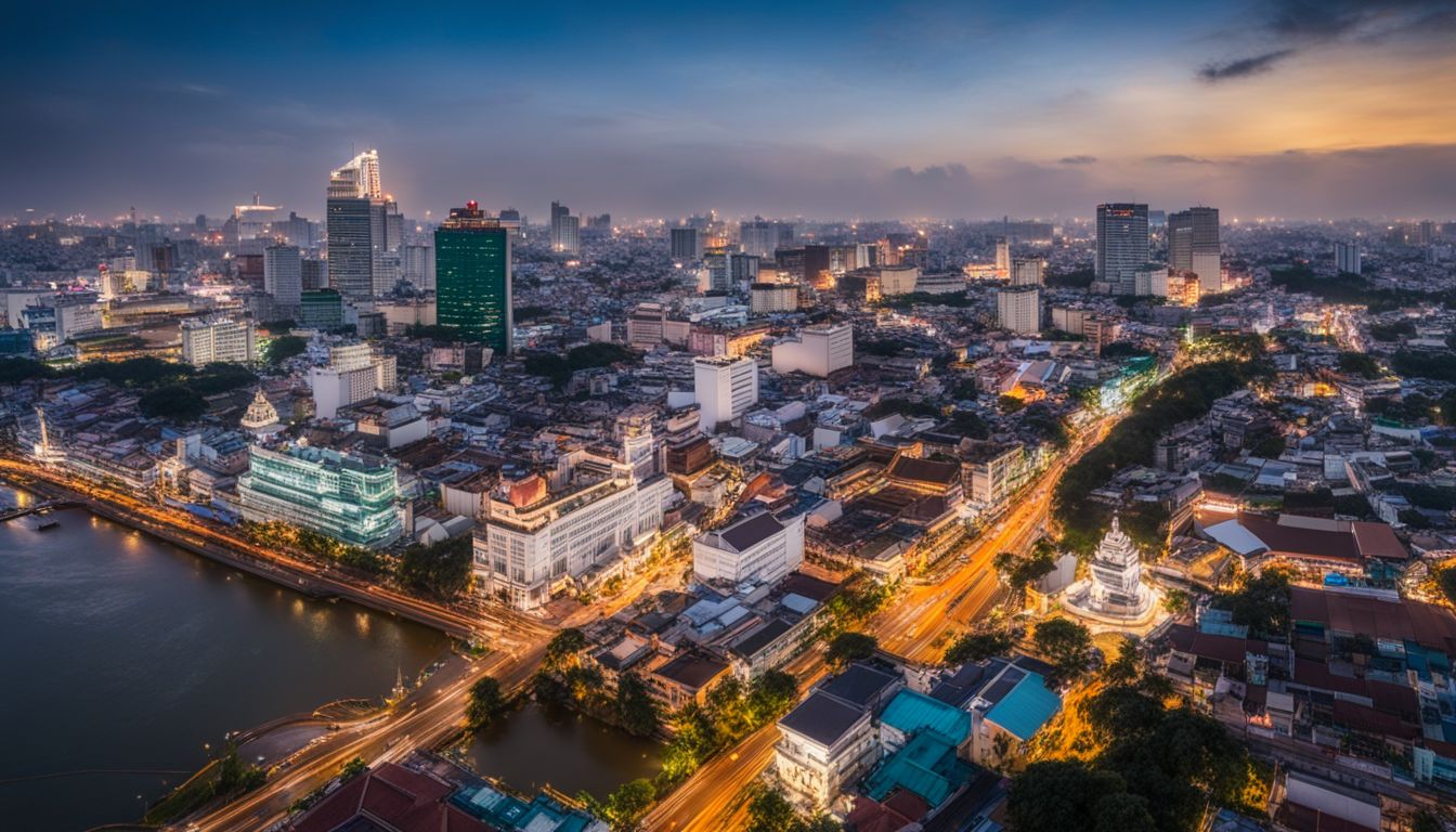 A vibrant aerial photo of Ho Chi Minh City featuring iconic landmarks and a bustling atmosphere.