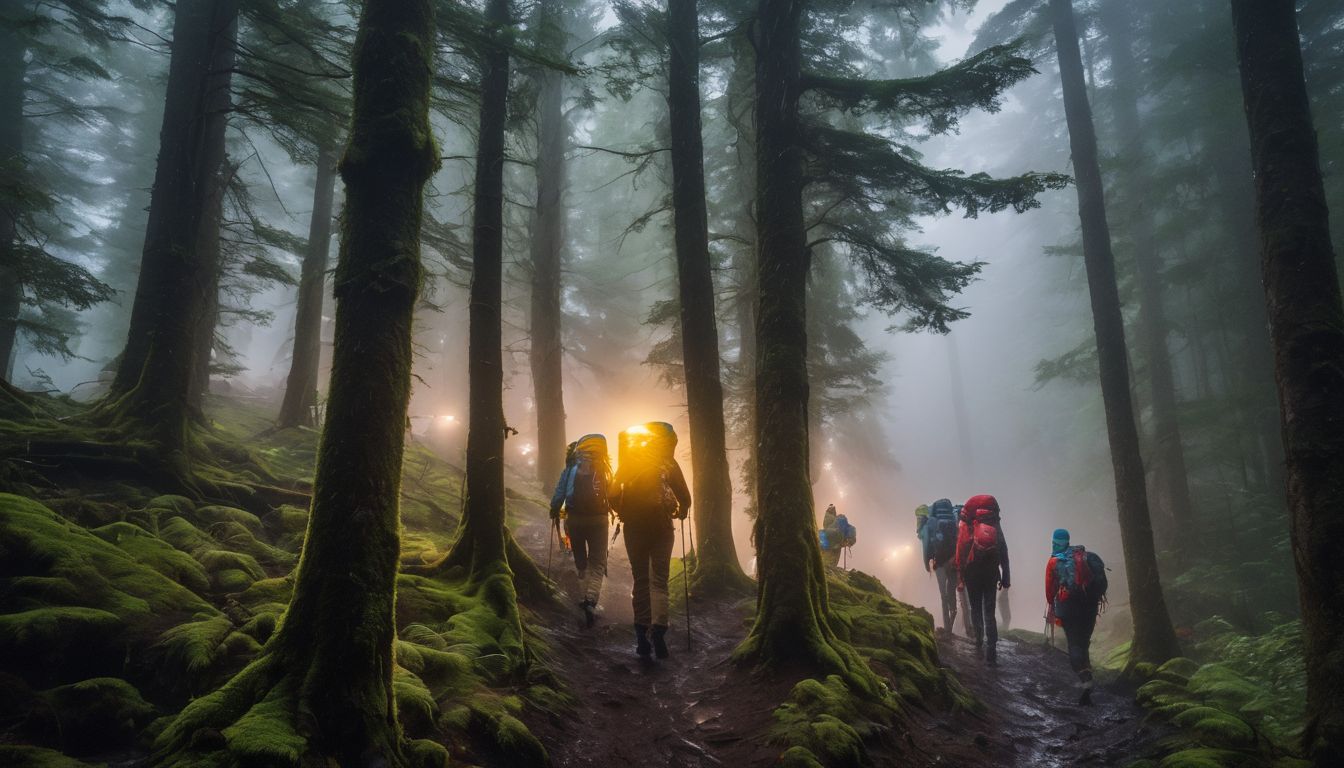 A diverse group of hikers wearing rain gear trek through a misty forest.