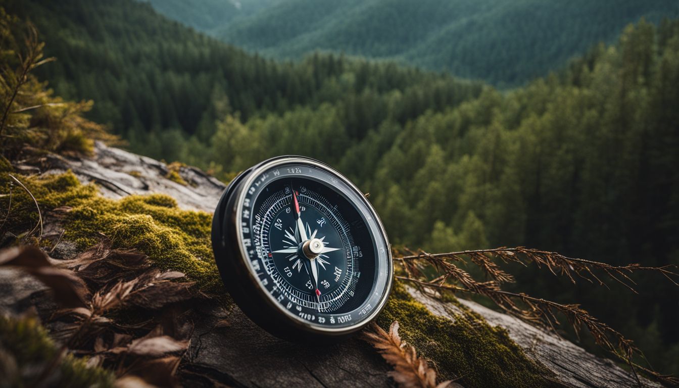 A compass points in the wrong direction in a dense forest, surrounded by a variety of people.