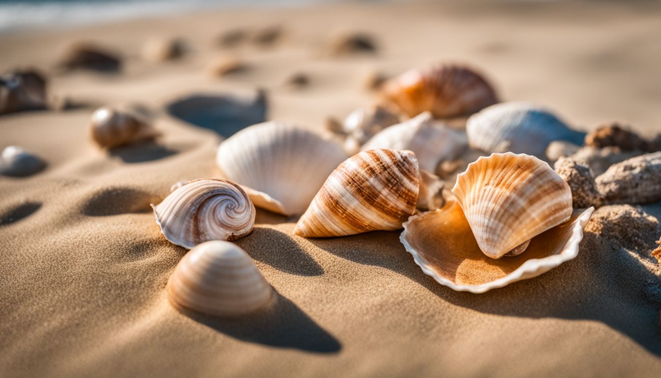 A close-up photo of seashells and driftwood on a sandy beach, capturing the beauty of nature.