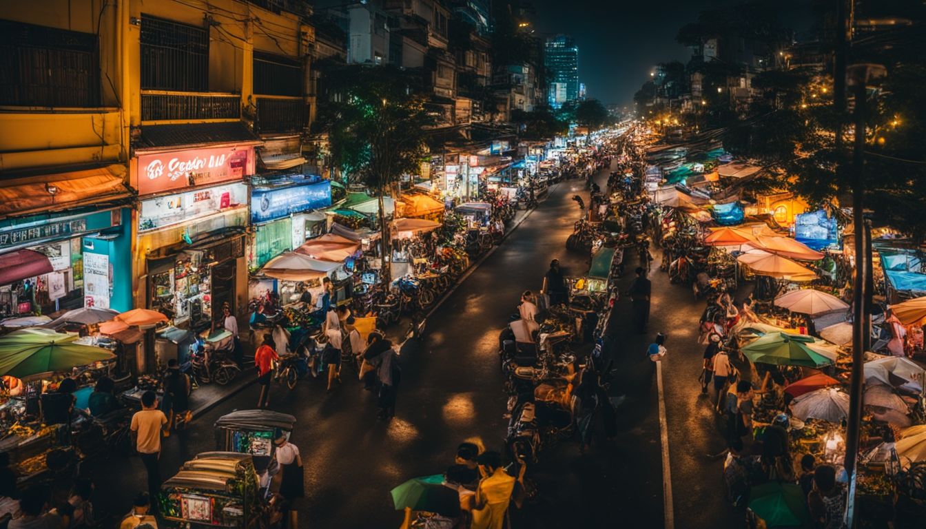 A vibrant and diverse cityscape at night in Ho Chi Minh City, captured with exceptional clarity and detail.