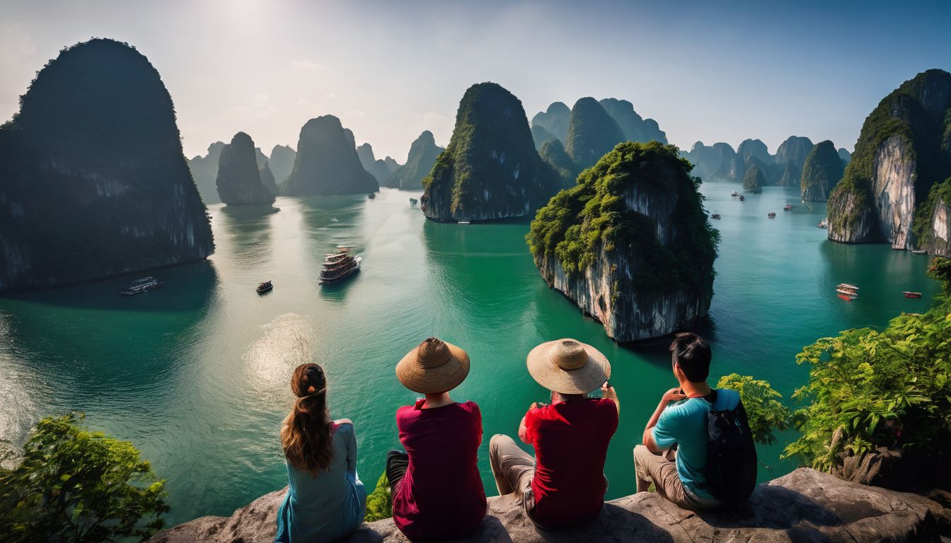 A diverse group of travelers admiring the beauty of Ha Long Bay in a bustling atmosphere.