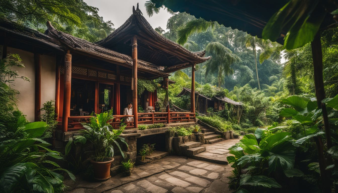 A photo of a traditional Vietnamese house surrounded by lush greenery in a bustling atmosphere, taken with a DSLR.